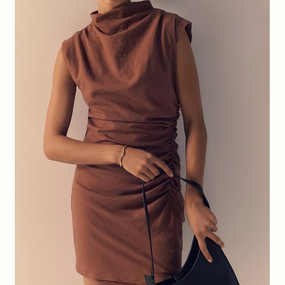 Anthropologie The Maya Linen Blend Ruched Dress Brown Size Small